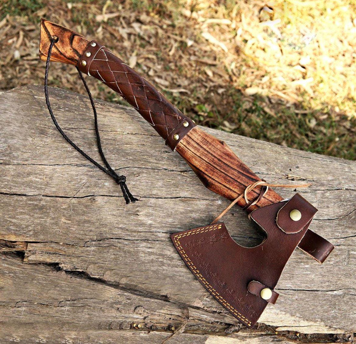 Hand-Forged Viking Bearded Axe: Carbon Steel Camping Hatchet with Leather Sheath