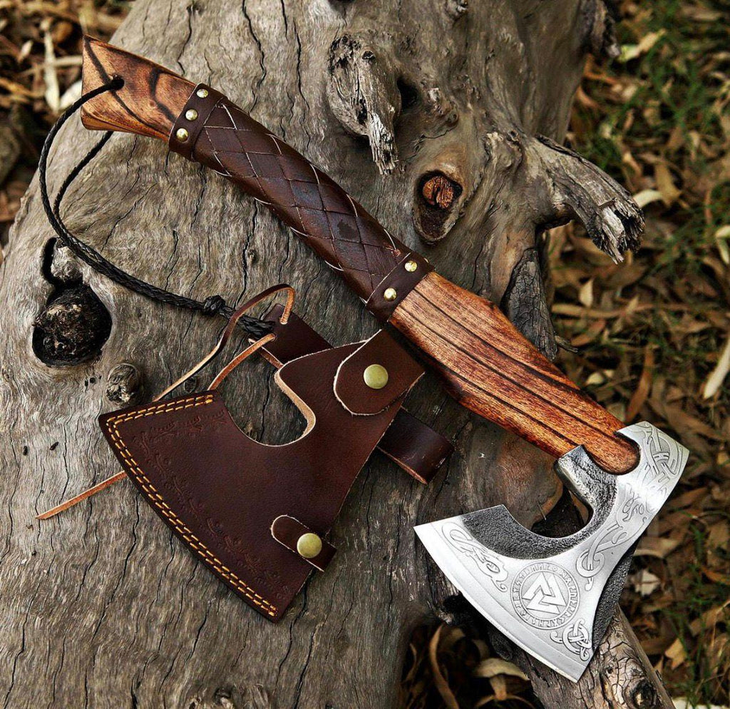 Hand-Forged Viking Bearded Axe: Carbon Steel Camping Hatchet with Leather Sheath