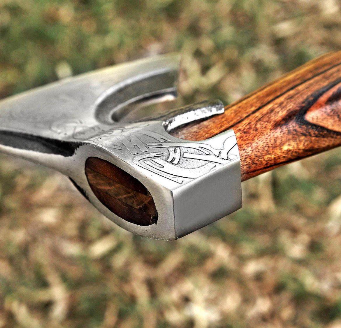 Hand-Forged Viking Bearded Axe: Carbon Steel Camping Hatchet with Leather Sheath