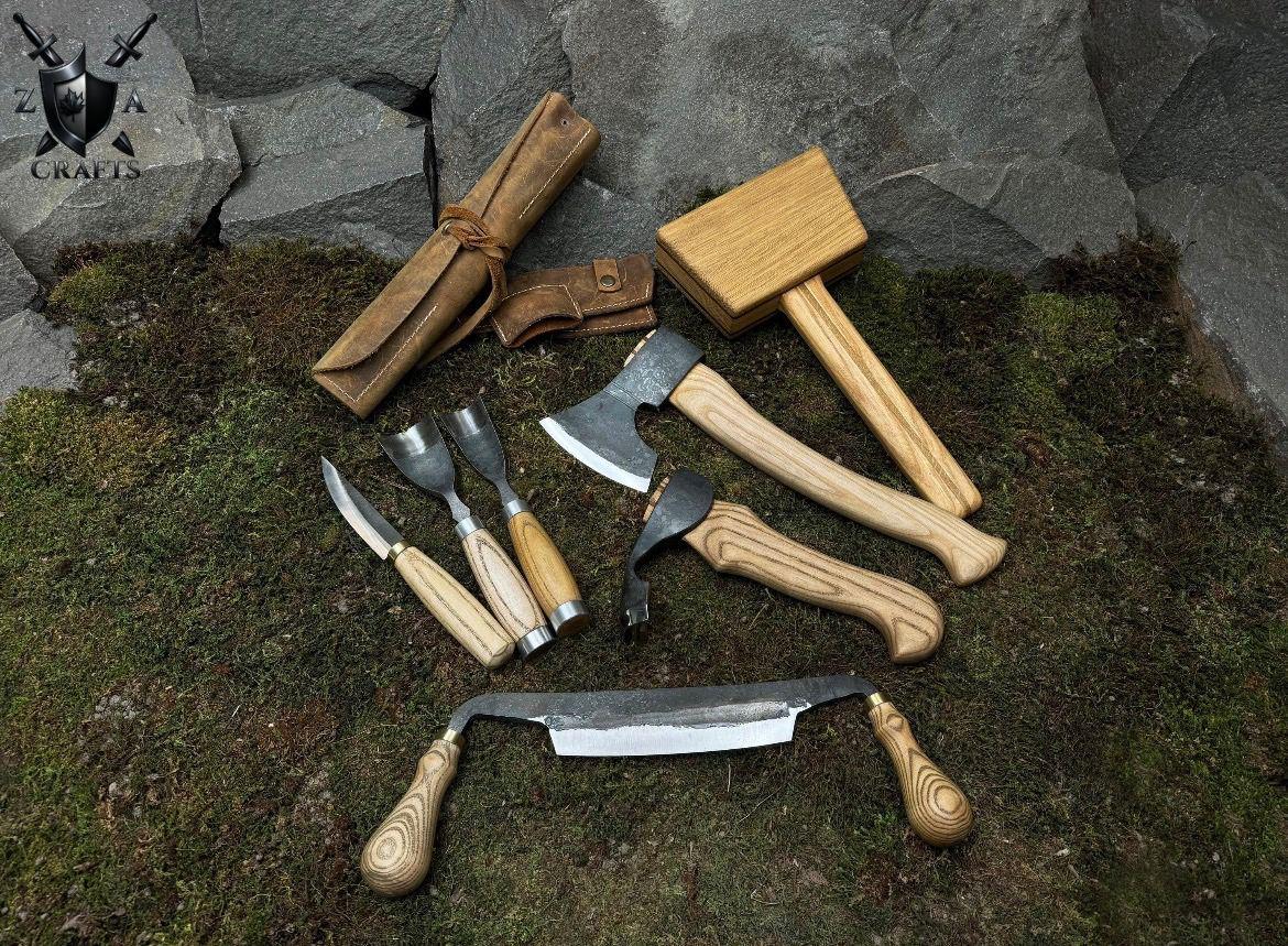 Hand-Forged Wood Carving Tool Set: High-Carbon Steel Blades & Leather Sheaths