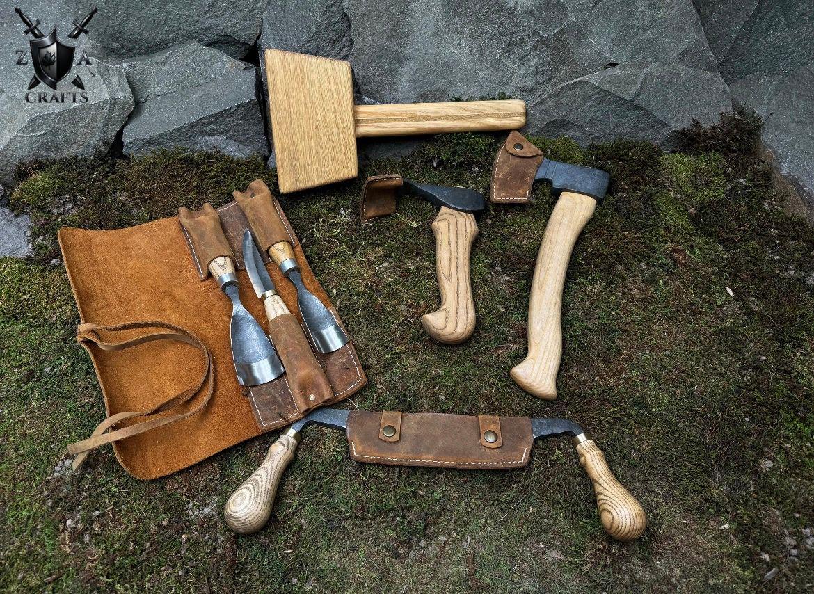 Hand-Forged Wood Carving Tool Set: High-Carbon Steel Blades & Leather Sheaths