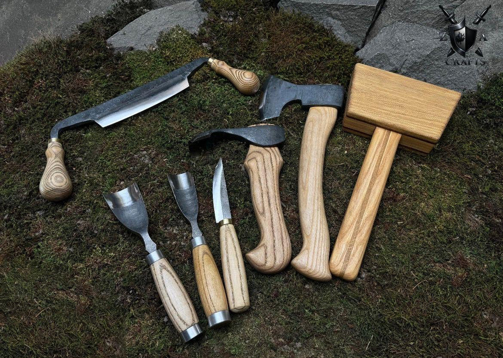 Hand-Forged Wood Carving Tool Set: High-Carbon Steel Blades & Leather Sheaths