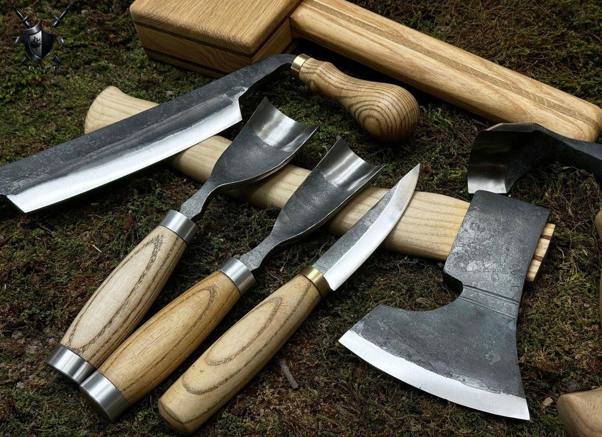 Hand-Forged Wood Carving Tool Set: High-Carbon Steel Blades & Leather Sheaths