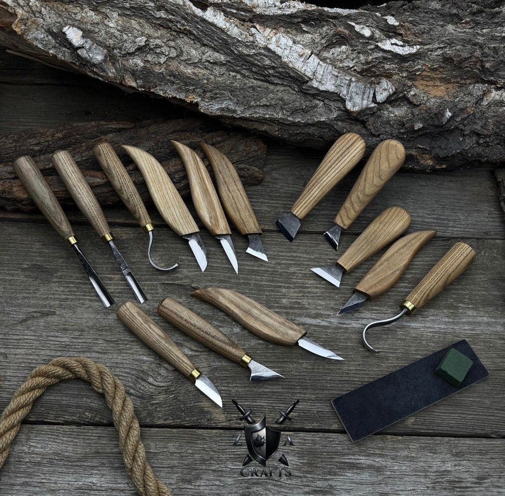 Wood Carving Tool Set: D2 Steel Blades, Ash Handles, Leather Roll