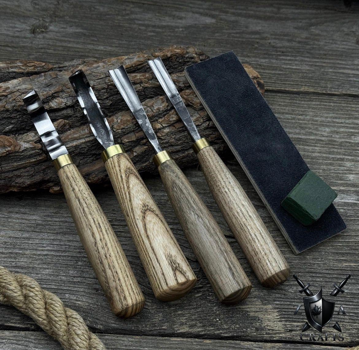 Wood Carving Tool Set: D2 Steel Blades, Ash Handles, Leather Roll