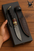 Damascus Steel Hunting Knife: Custom Engraved Handle & Leather Sheath