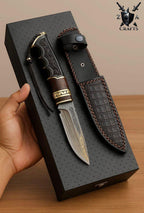 Damascus Steel Hunting Knife: Custom Engraved Handle & Leather Sheath