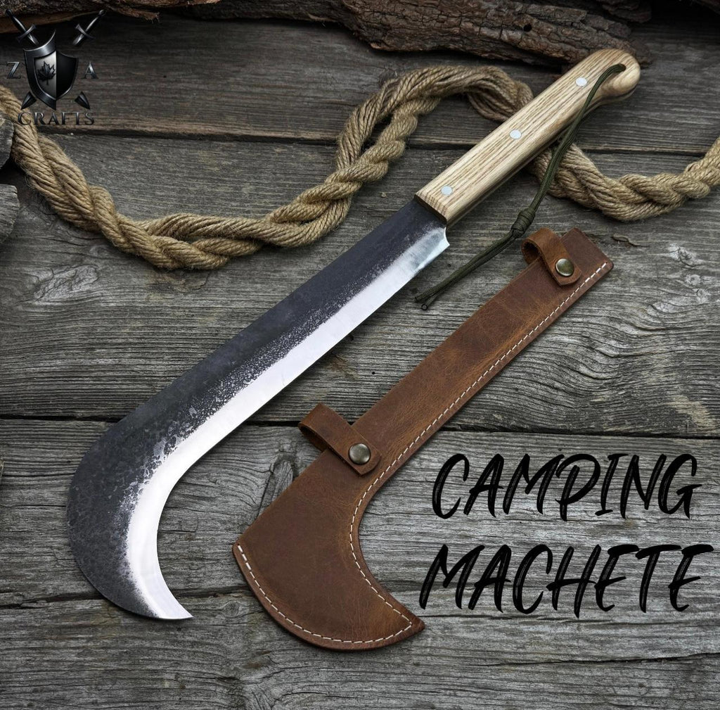 Heavy-Duty Camping Machete – Hand-Forged Carbon Steel Blade with Ash Wood Handle & Leather Sheath