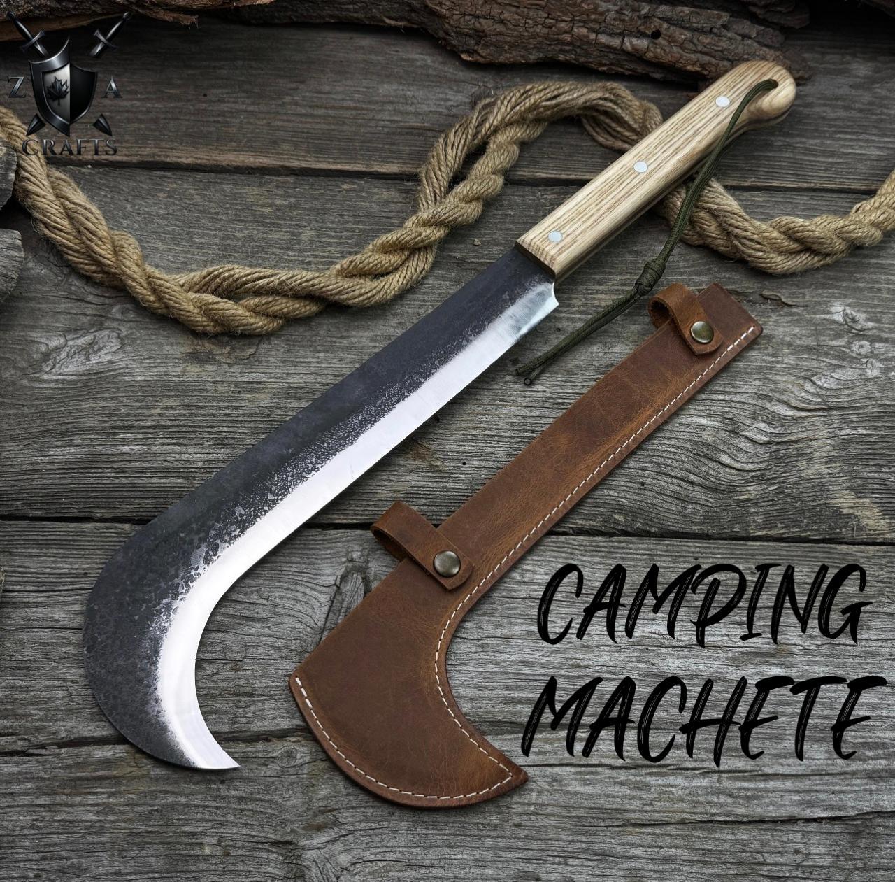 Heavy-Duty Camping Machete – Hand-Forged Carbon Steel Blade with Ash Wood Handle & Leather Sheath