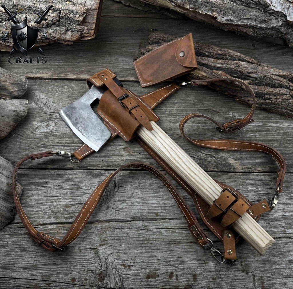 Hand-Forged Carbon Steel Camping Axe: Ash Wood Handle, 22"