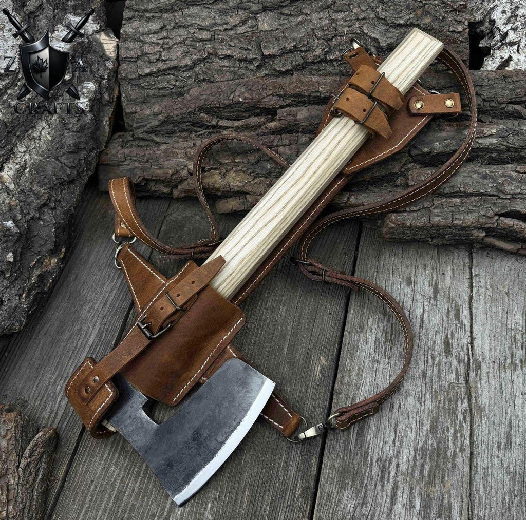 Hand-Forged Carbon Steel Camping Axe: Ash Wood Handle, 22"