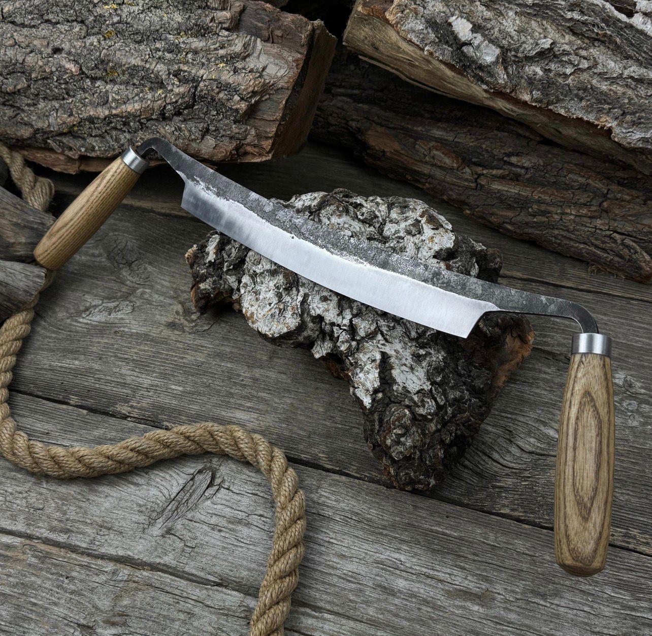 Hand Forged Carbon Steel Drawknife: Straight Blade, Ash Handle & Leather Sheath