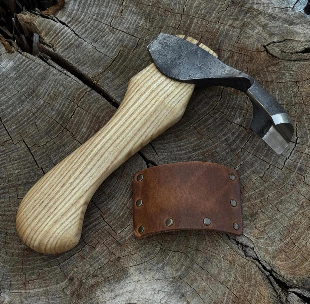 Hand-Forged Bowl Carving Adze: 52100 Carbon Steel Blade, Ash Handle & Leather Sheath