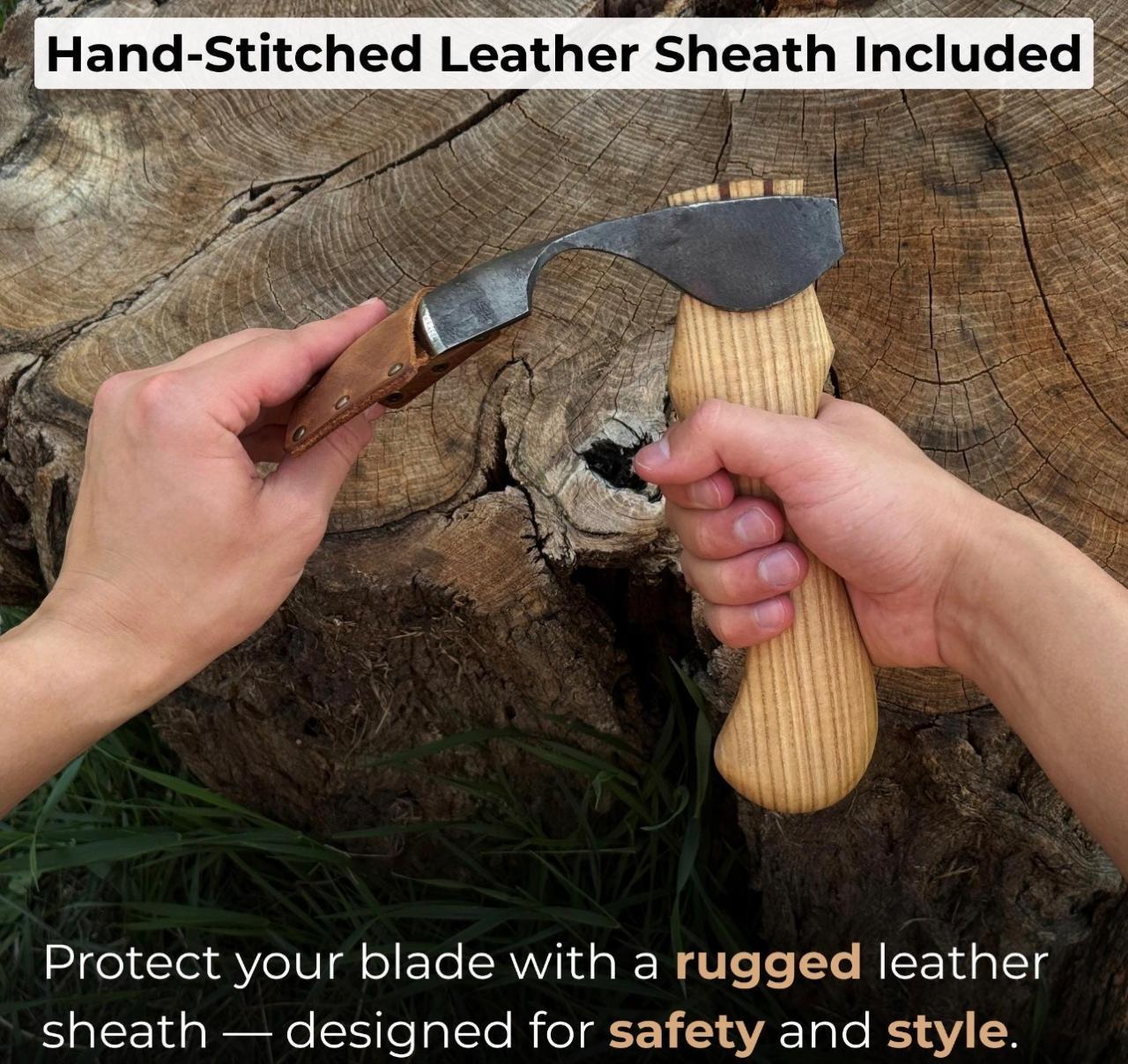 Hand-Forged Bowl Carving Adze: 52100 Carbon Steel Blade, Ash Handle & Leather Sheath