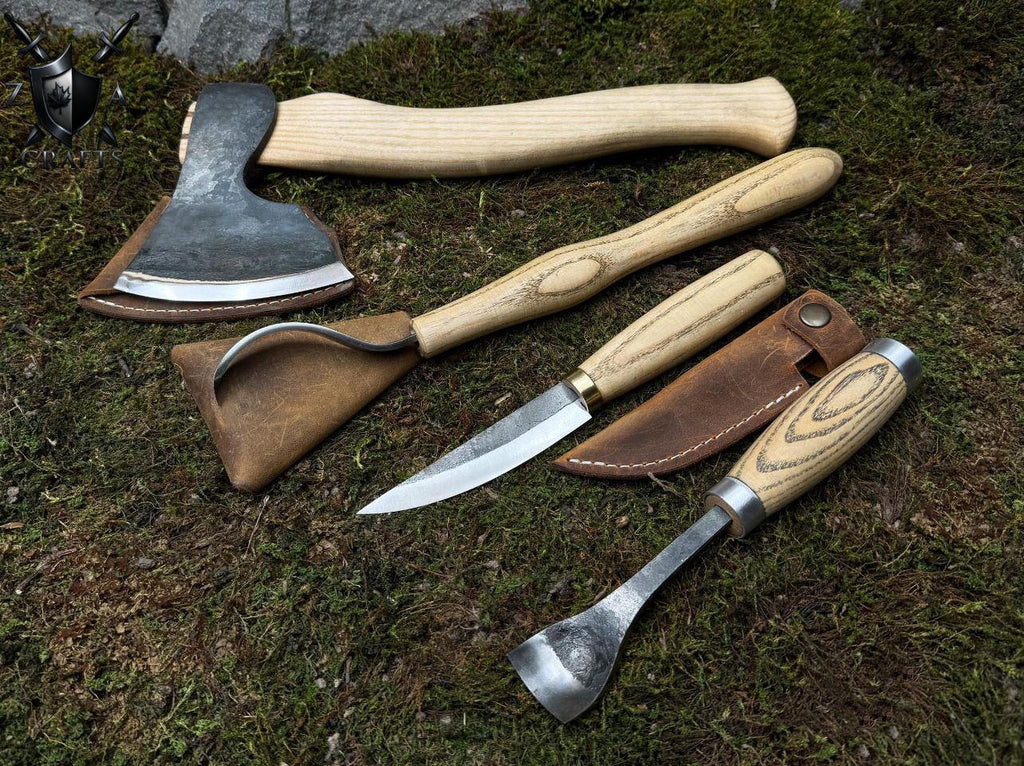 Hand-Forged Spoon Carving Tool Set: Carbon Steel Axe, Gouge, Sloyd & Hook Knife