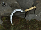 Hand-Forged Carbon Steel Garden Sickle with Leather Sheath: Rustic Trimming Tool