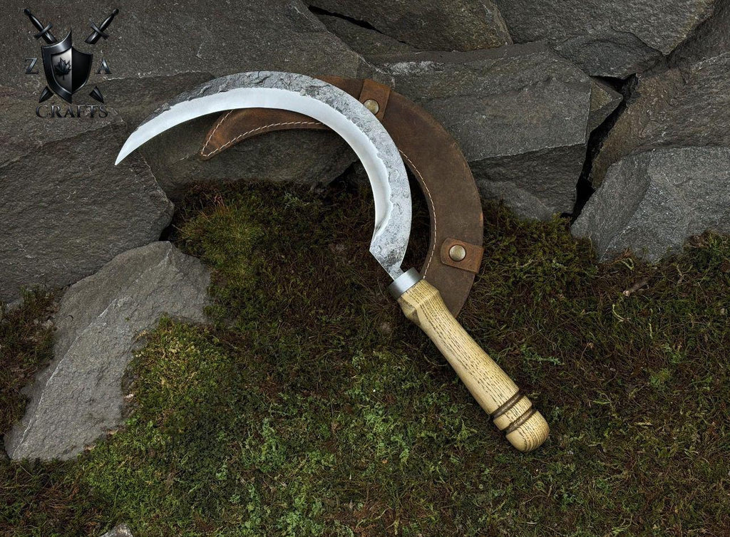 Hand-Forged Carbon Steel Garden Sickle with Leather Sheath: Rustic Trimming Tool