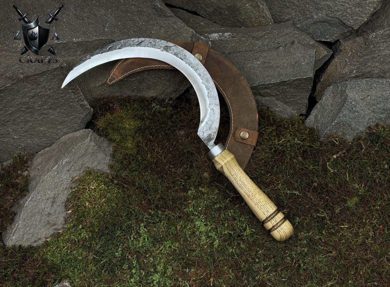 Hand-Forged Carbon Steel Garden Sickle with Leather Sheath: Rustic Trimming Tool