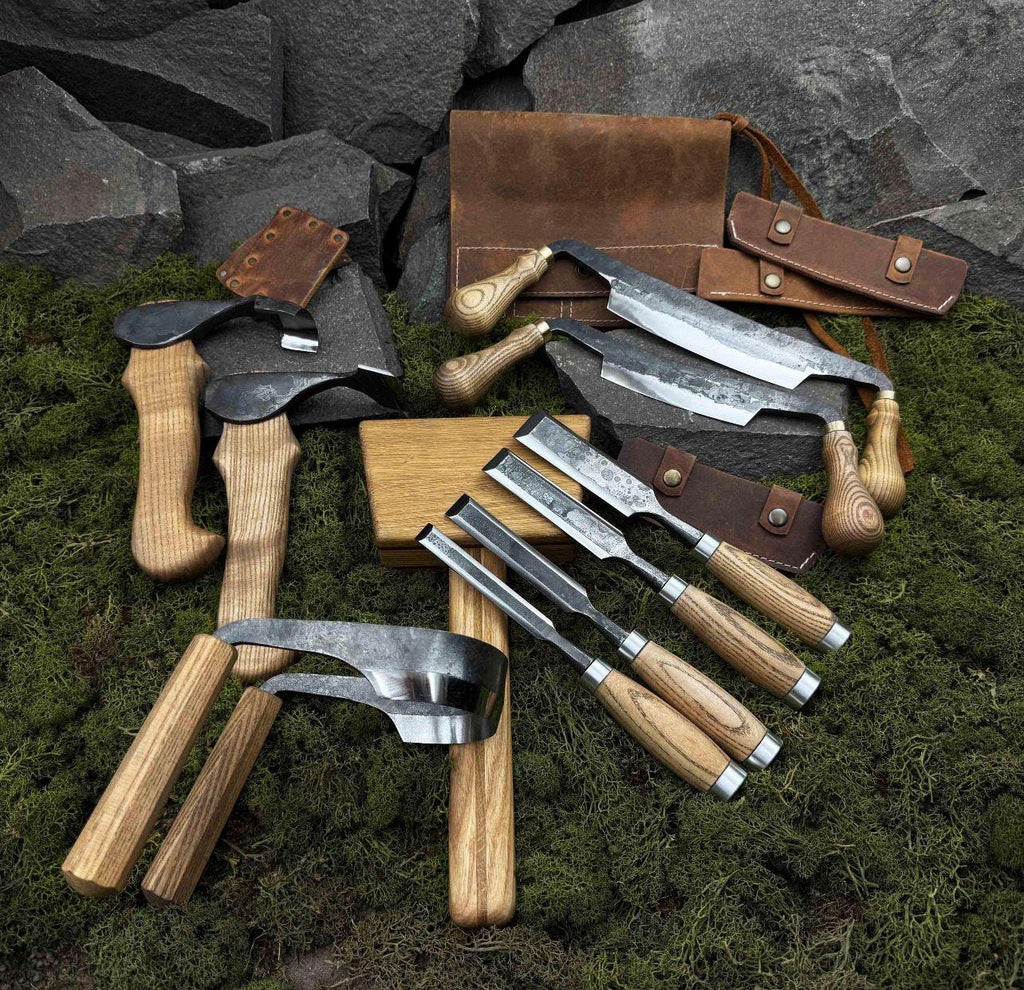 Hand Forged Woodworking Tool Set: Carbon Steel, Leather Sheaths