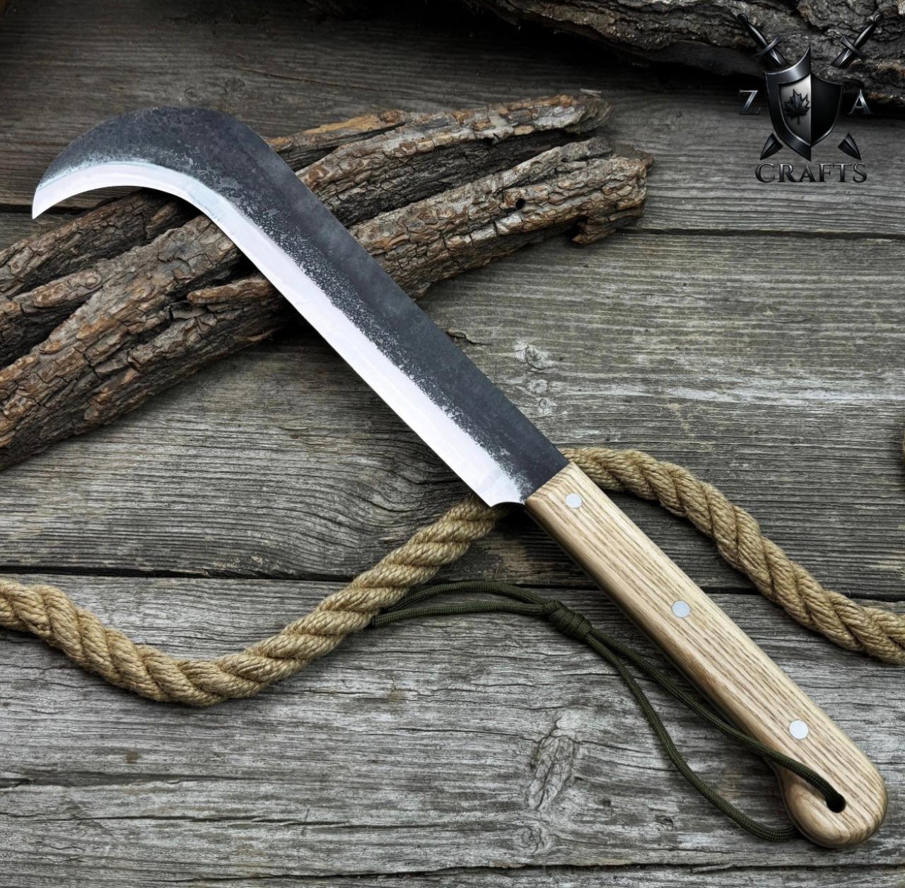 Heavy-Duty Camping Machete – Hand-Forged Carbon Steel Blade with Ash Wood Handle & Leather Sheath