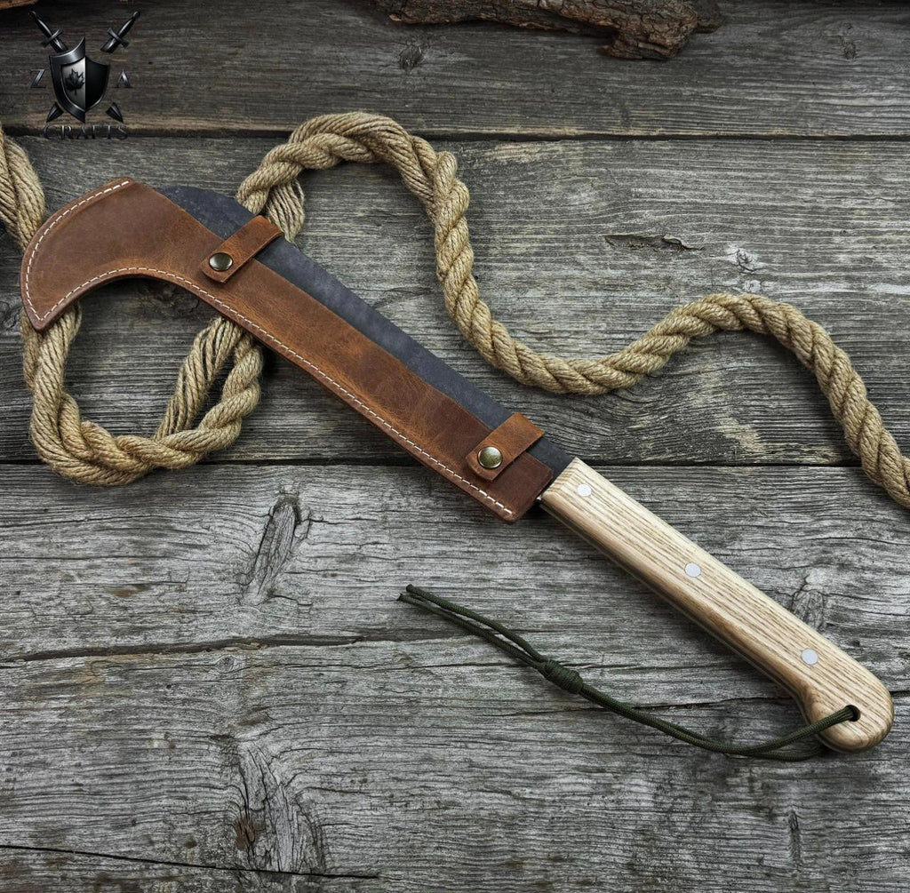 Heavy-Duty Camping Machete – Hand-Forged Carbon Steel Blade with Ash Wood Handle & Leather Sheath