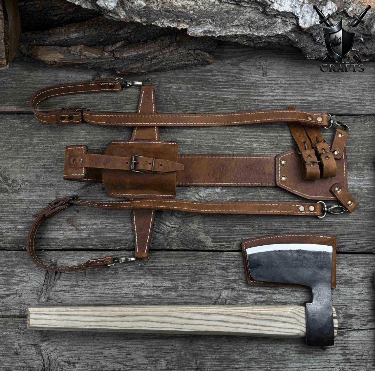 Hand-Forged Carbon Steel Camping Axe: Ash Wood Handle, 22"