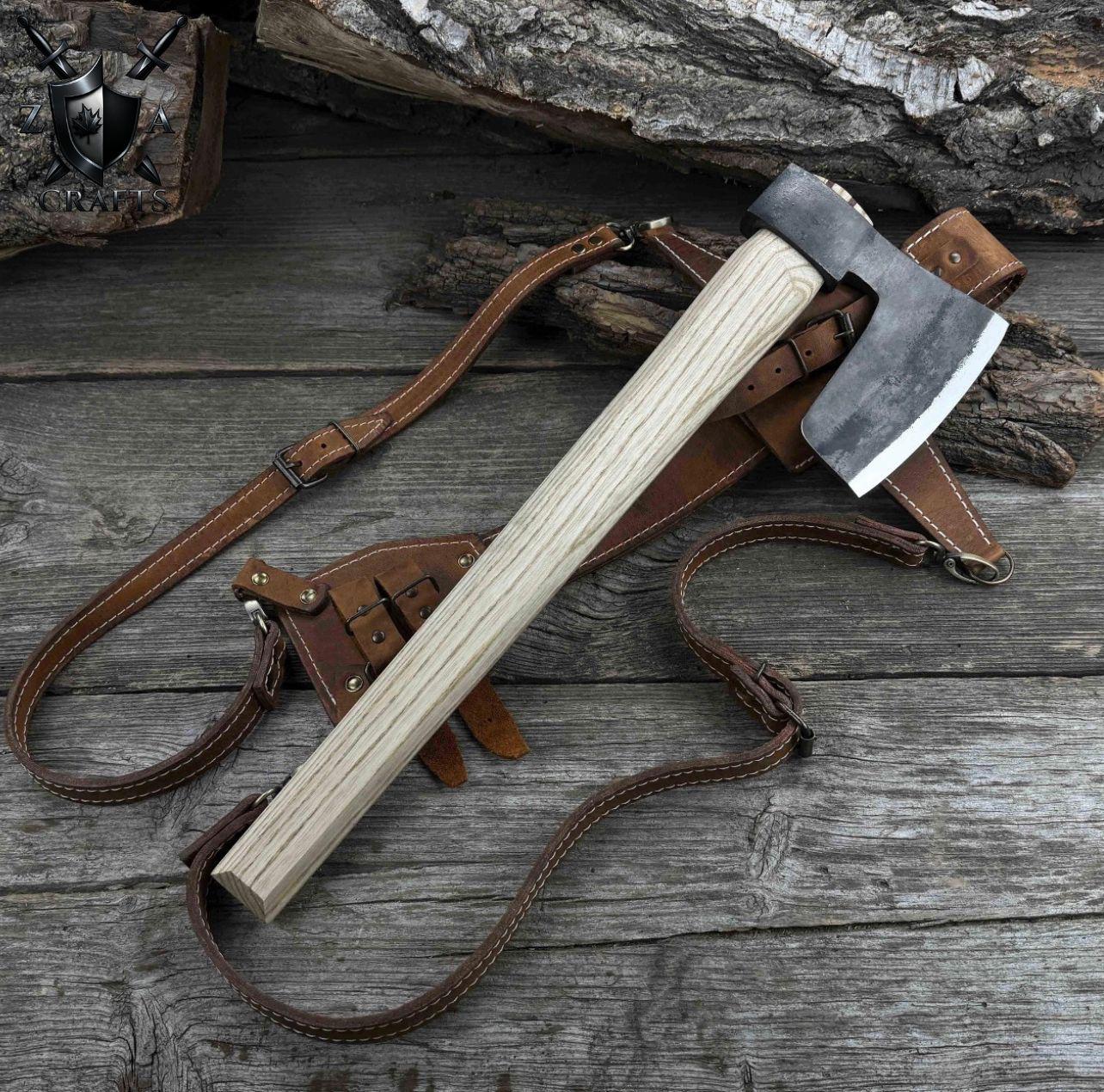 Hand-Forged Carbon Steel Camping Axe: Ash Wood Handle, 22"