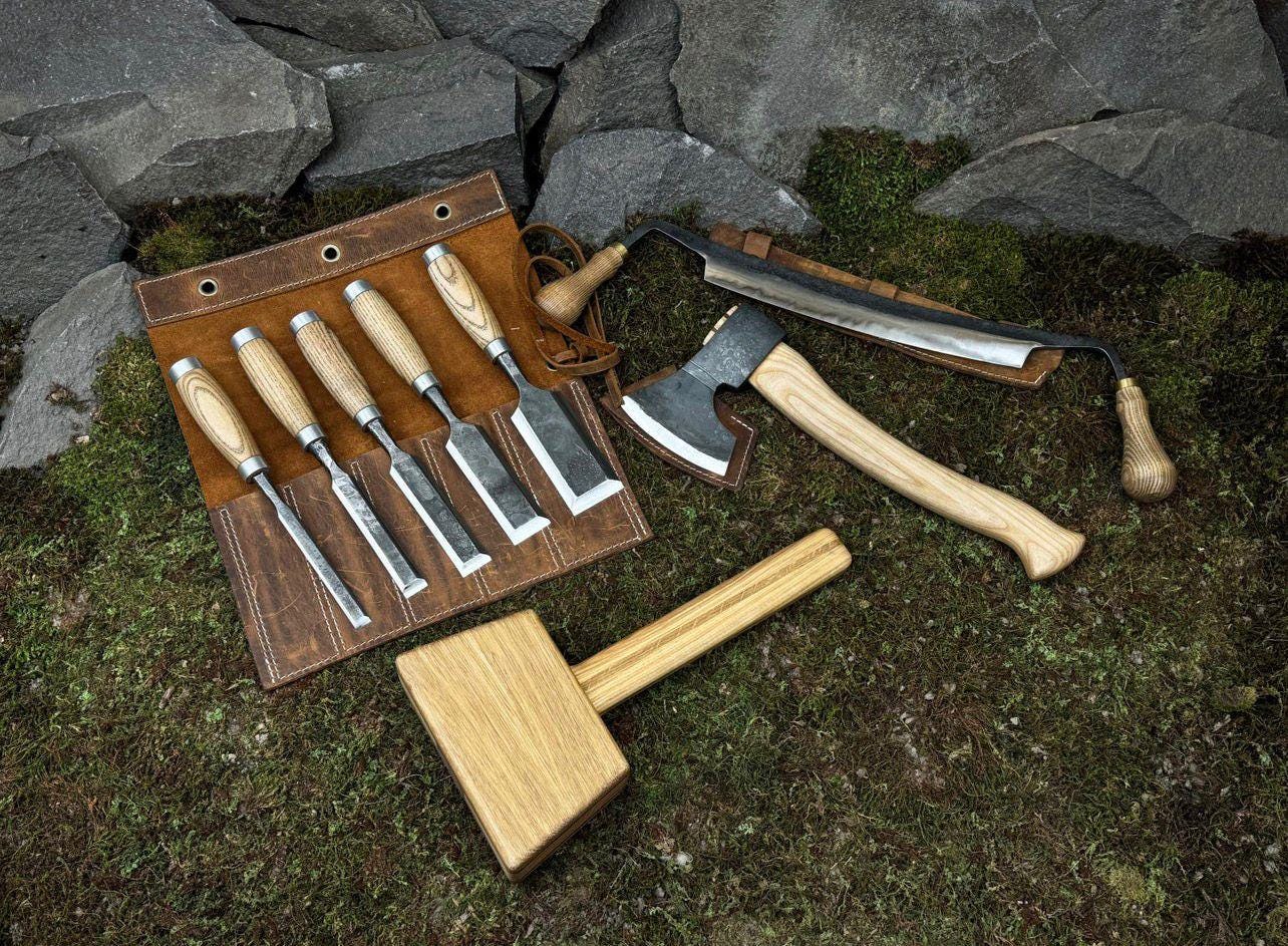 Hand-Forged 8-Piece Woodworking Tool Set: 52100 Steel, Leather Cases