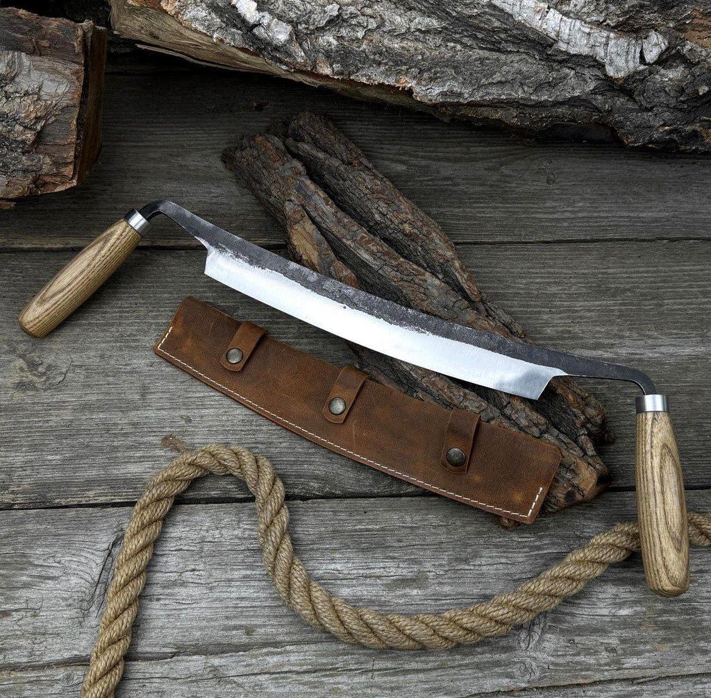 Hand Forged Carbon Steel Drawknife: Straight Blade, Ash Handle & Leather Sheath