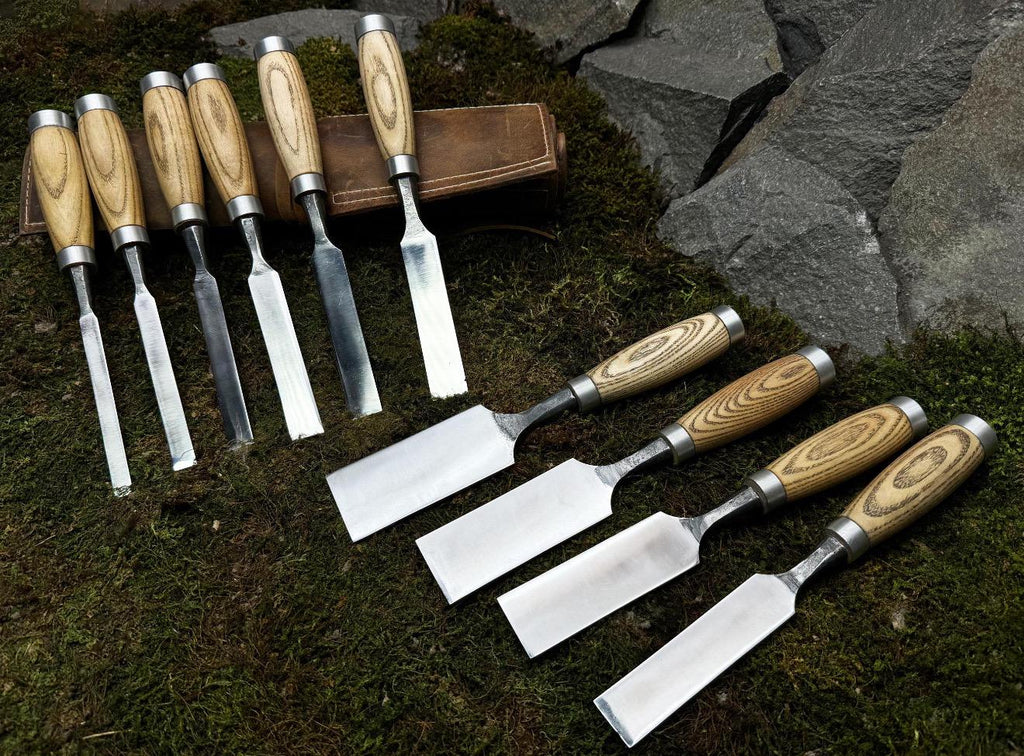 10pc Bevel Edge Chisel Set Leather Case Hand Forged 52100 Carbon Steel Wood Tool