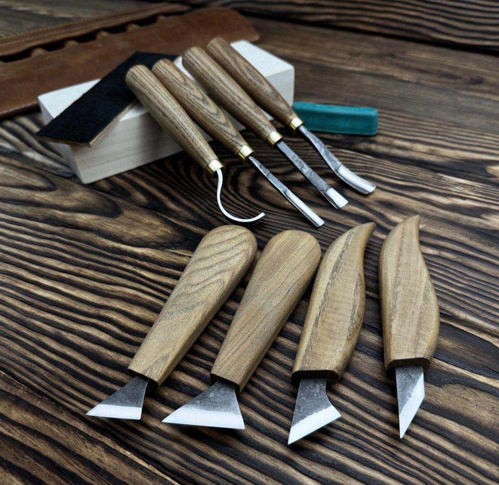 Hand Forged Wood Carving Tools Set: Leather Roll, Spoon & Bowl Carving