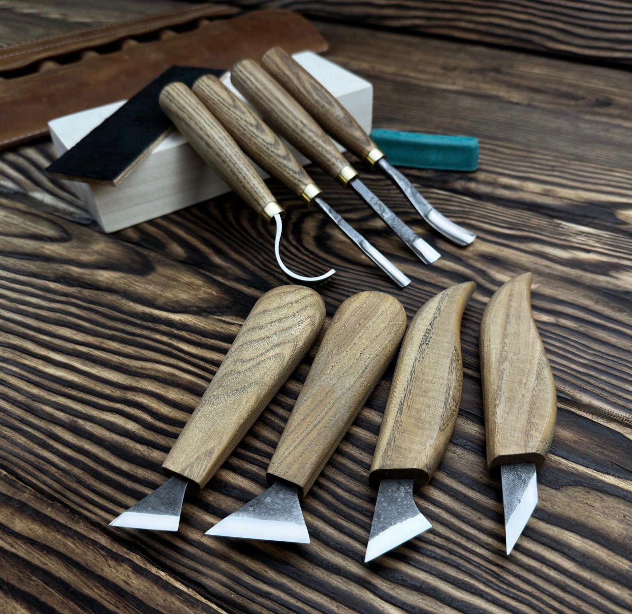 Hand Forged Wood Carving Tools Set: Leather Roll, Spoon & Bowl Carving