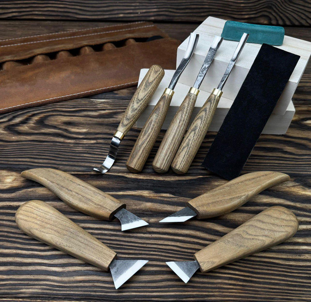 Hand Forged Wood Carving Tools Set: Leather Roll, Spoon & Bowl Carving