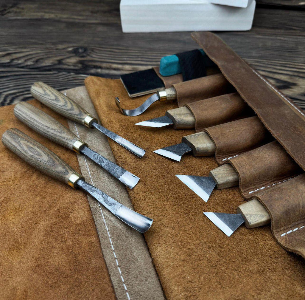 Hand Forged Wood Carving Tools Set: Leather Roll, Spoon & Bowl Carving