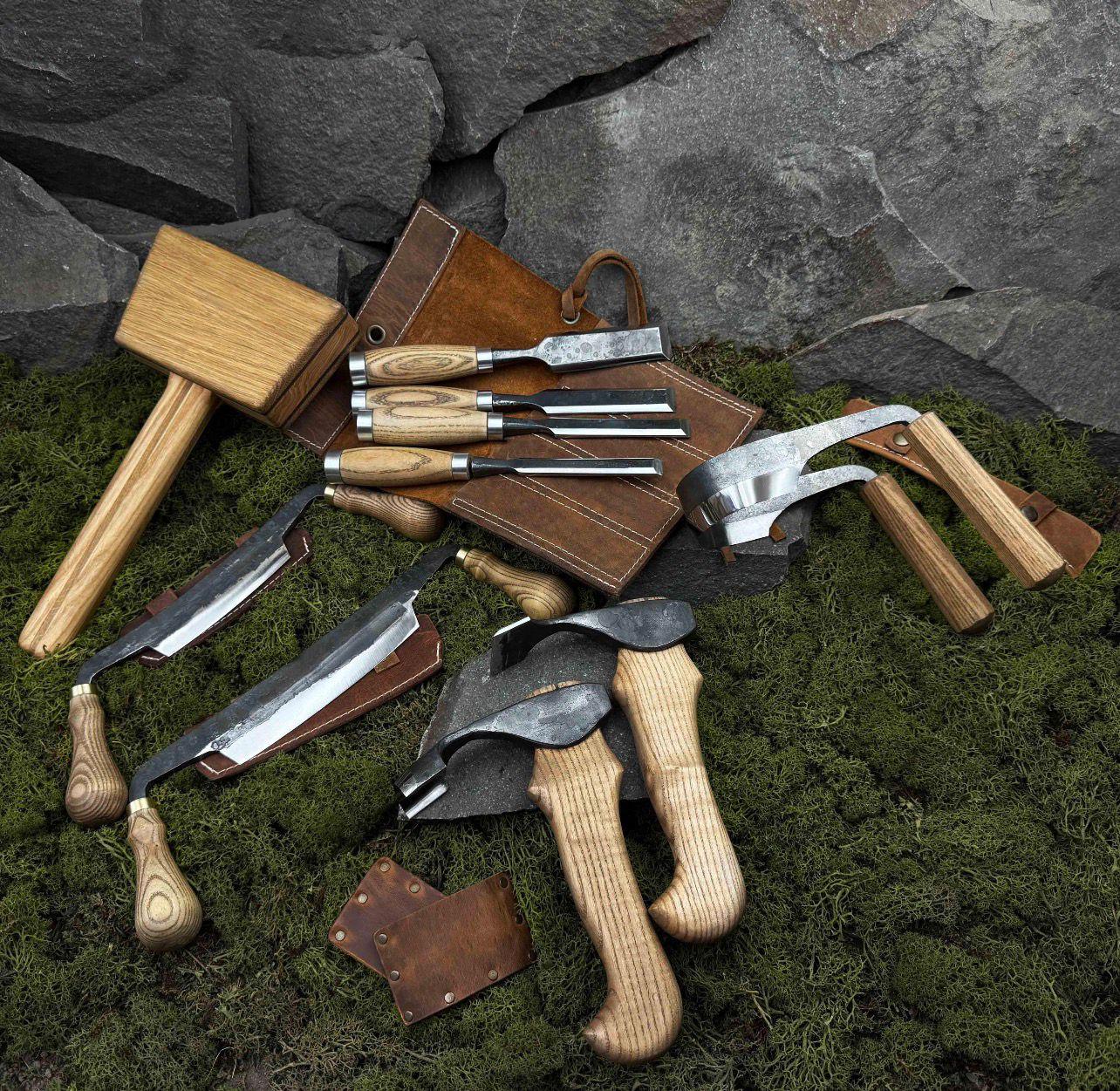 Hand Forged Woodworking Tool Set: Carbon Steel, Leather Sheaths