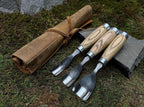 Hand Forged Wood Carving Gouges: High-Carbon Steel Chisels with Leather Roll