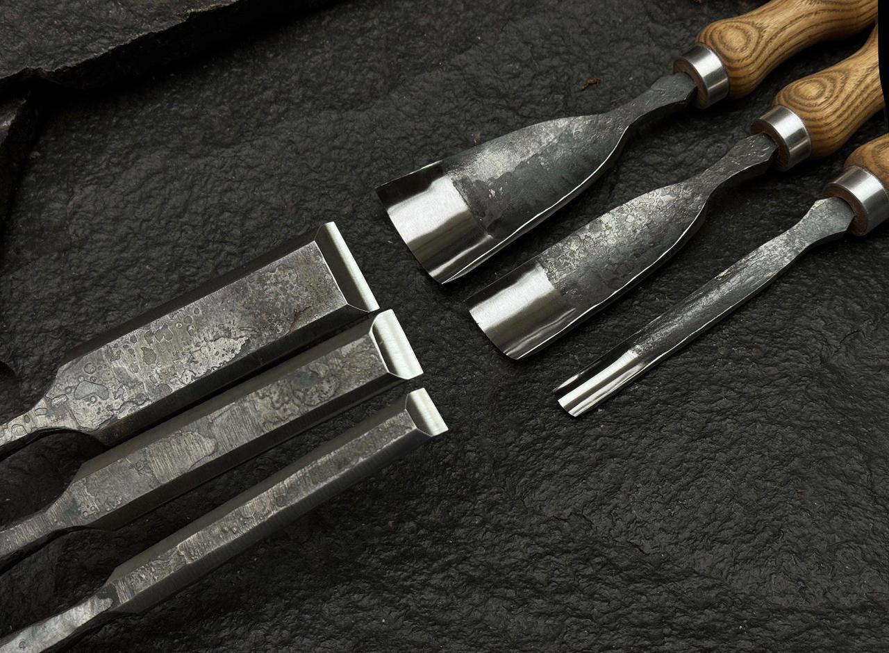 Handmade Wood Carving Chisel Set: High Carbon Steel Gouges, Leather Pouch