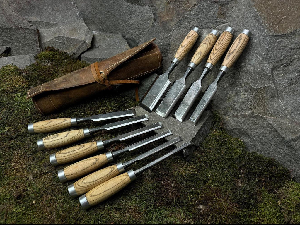 10pc Bevel Edge Chisel Set Leather Case Hand Forged 52100 Carbon Steel Wood Tool