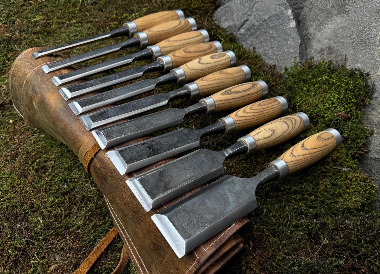 10pc Bevel Edge Chisel Set Leather Case Hand Forged 52100 Carbon Steel Wood Tool