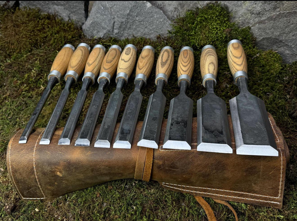 10pc Bevel Edge Chisel Set Leather Case Hand Forged 52100 Carbon Steel Wood Tool