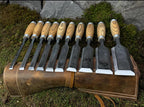 10pc Bevel Edge Chisel Set Leather Case Hand Forged 52100 Carbon Steel Wood Tool