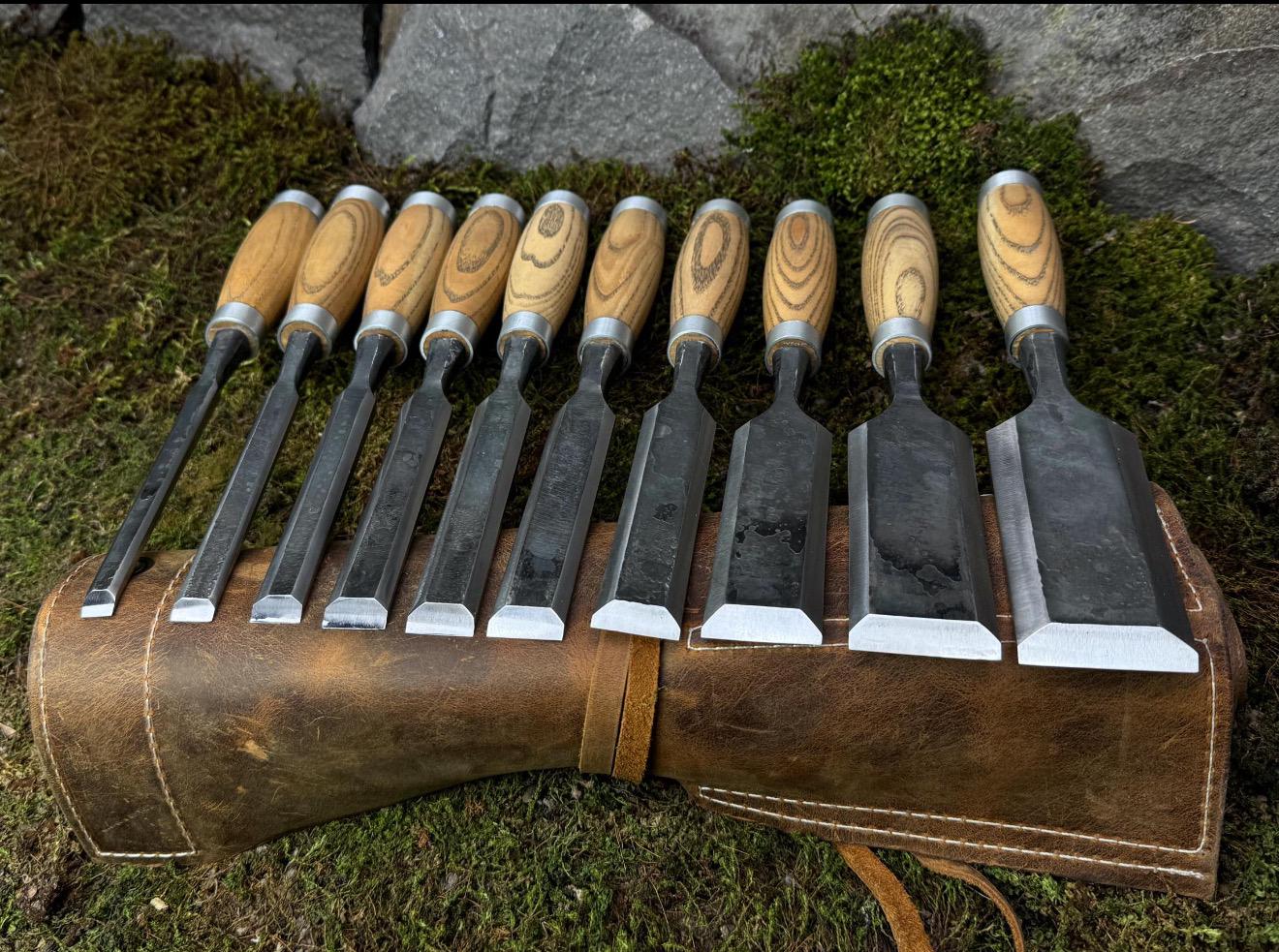 10pc Bevel Edge Chisel Set Leather Case Hand Forged 52100 Carbon Steel Wood Tool