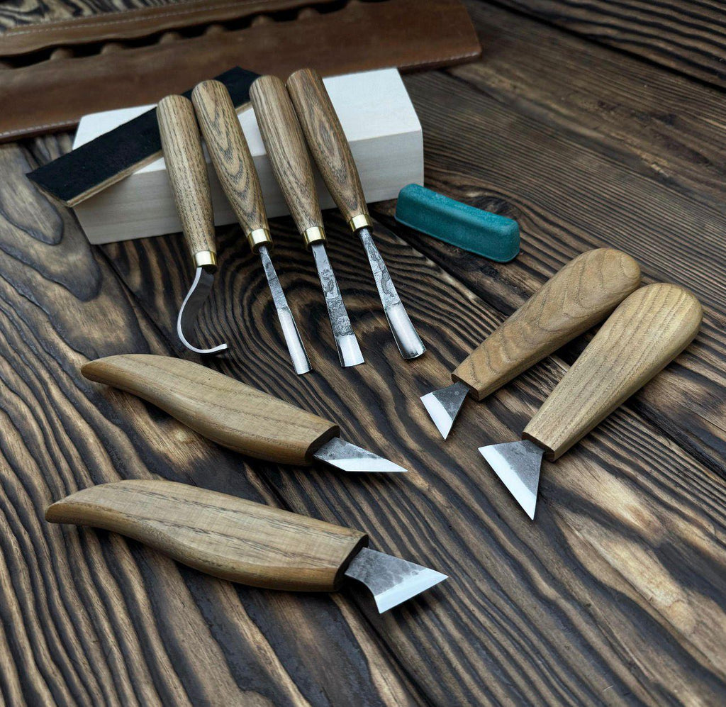 Hand Forged Wood Carving Tools Set: Leather Roll, Spoon & Bowl Carving