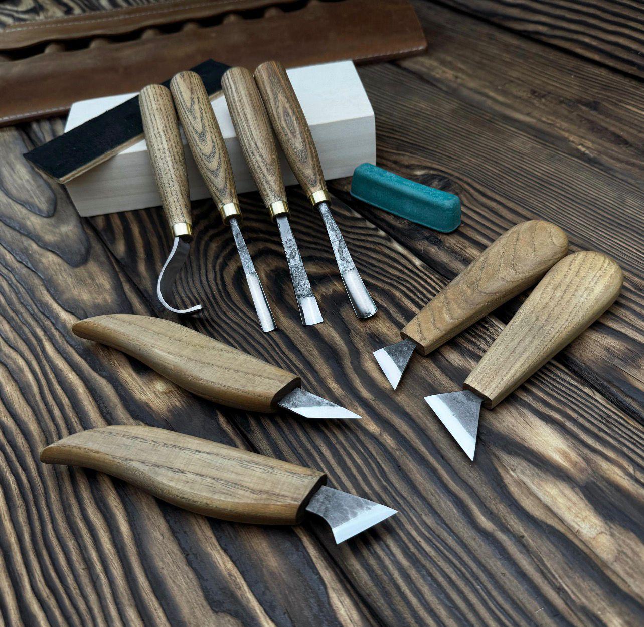 Hand Forged Wood Carving Tools Set: Leather Roll, Spoon & Bowl Carving