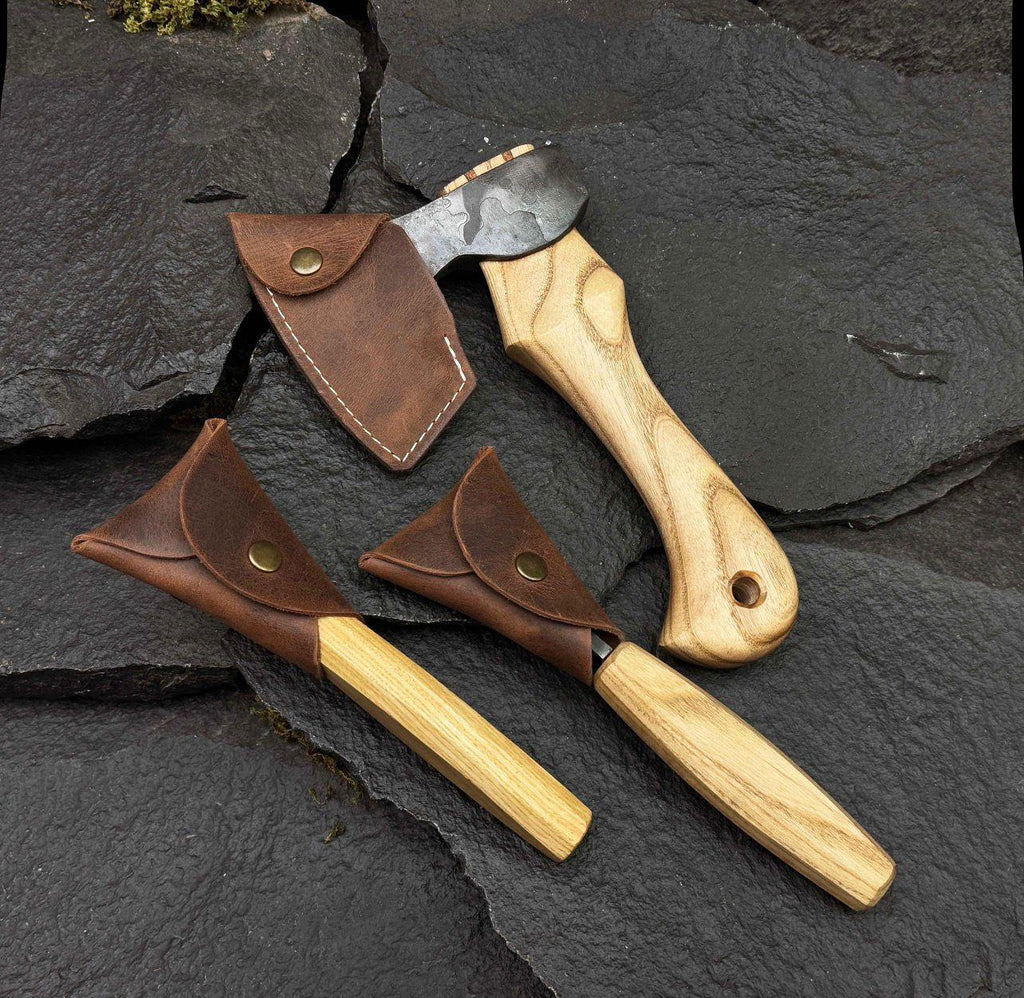 Handmade Wood Carving Tool Set: Hatchet, Hook Knives, Leather Sheaths