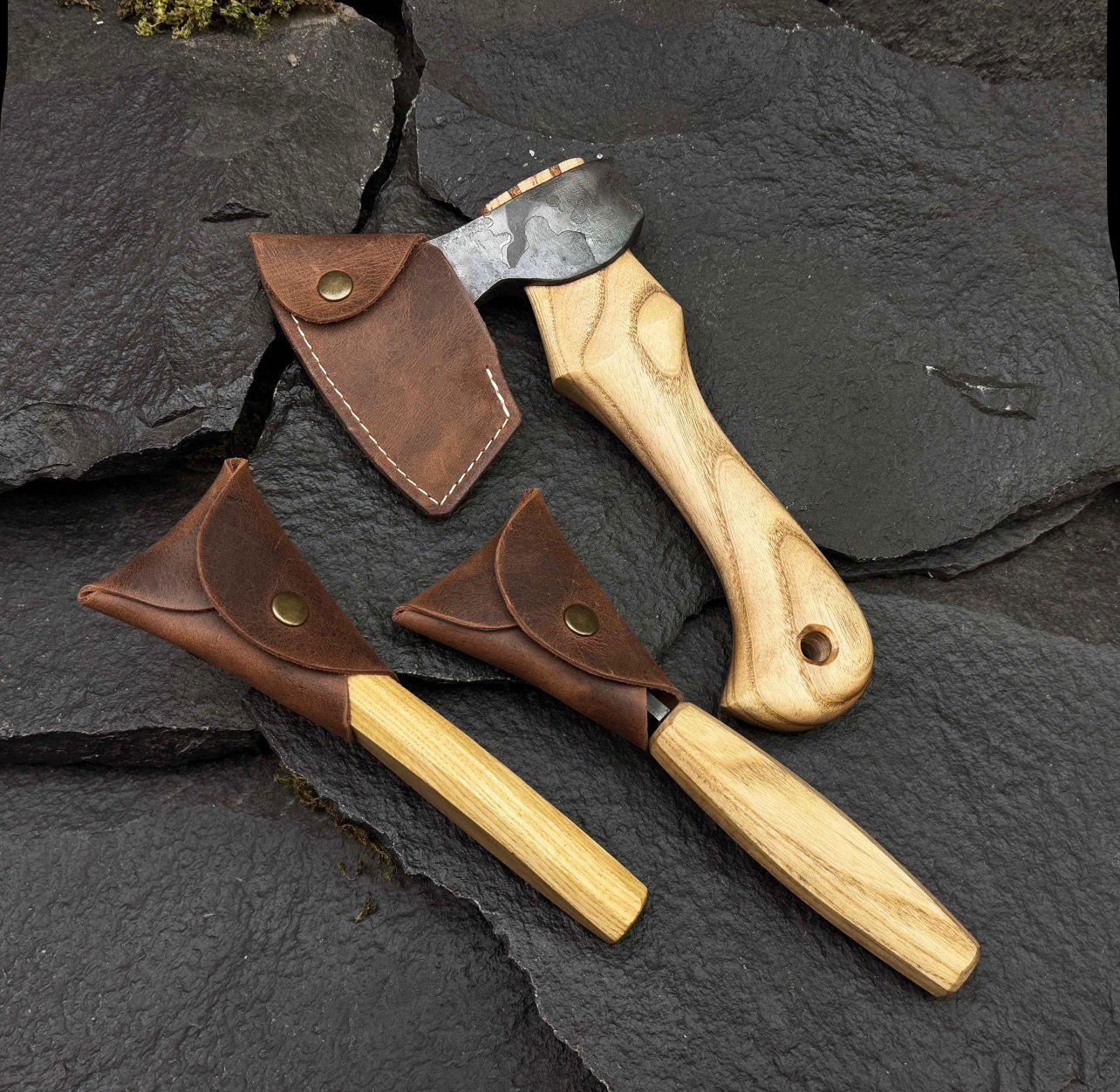 Handmade Wood Carving Tool Set: Hatchet, Hook Knives, Leather Sheaths