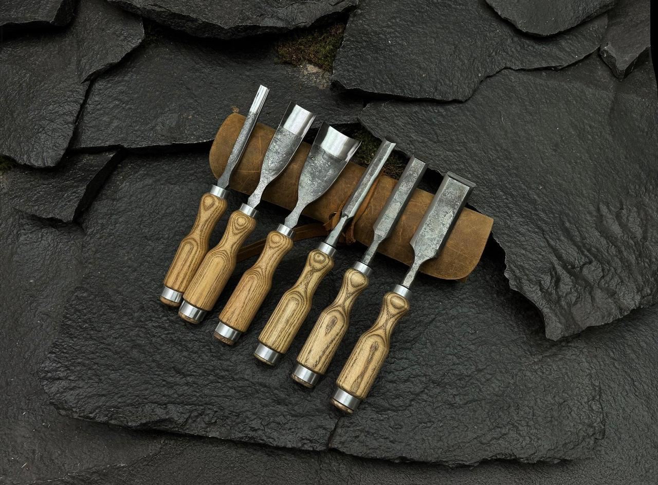 Handmade Wood Carving Chisel Set: High Carbon Steel Gouges, Leather Pouch