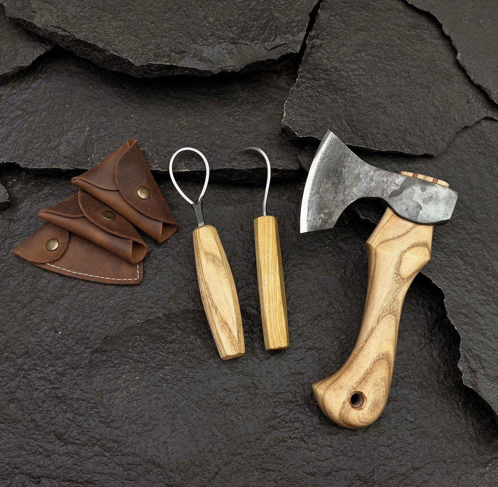 Handmade Wood Carving Tool Set: Hatchet, Hook Knives, Leather Sheaths