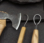 Handmade Wood Carving Tool Set: Hatchet, Hook Knives, Leather Sheaths