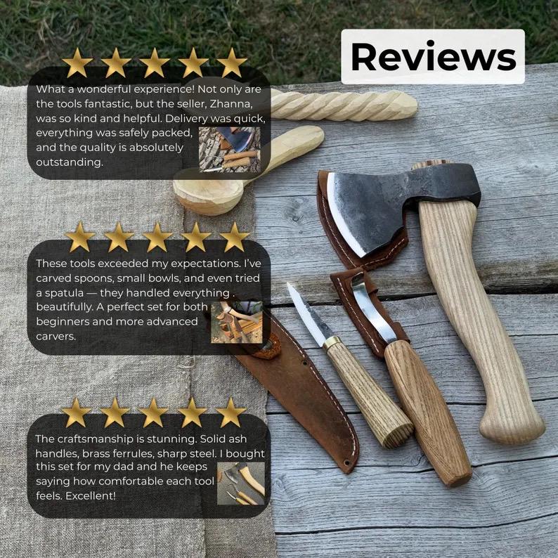 3-Piece Spoon Carving Tool Set, Hand-Forged Carbon Steel, Ash Handles, Leather Sheath